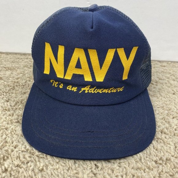Vintage Navy “It’s an Adventure” Snapback Hat Blue Mesh Trucker Cap Broadway USA - Picture 3 of 10